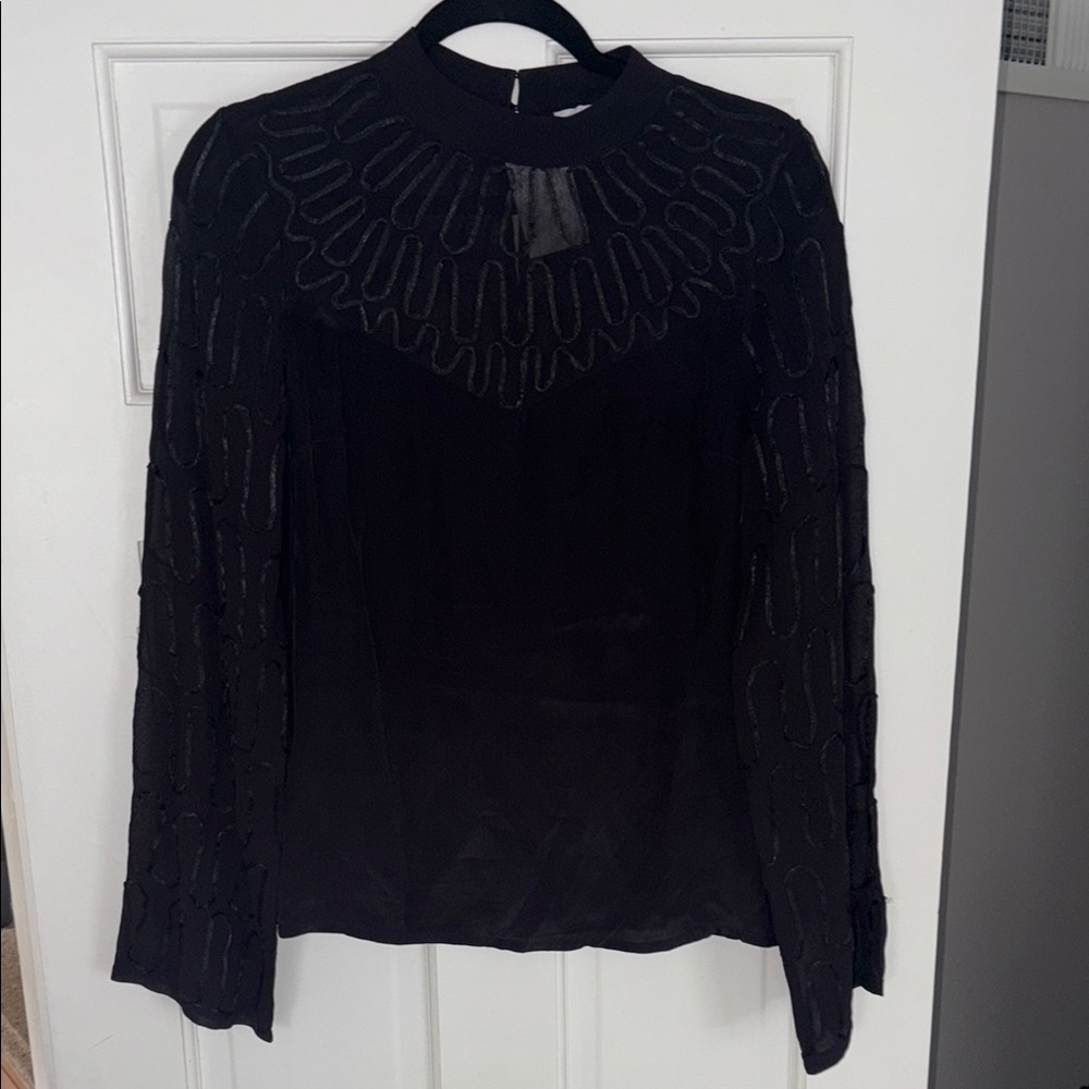 Ecru Black Ribbed Long Sleeve Mandarin Collar Blouse
